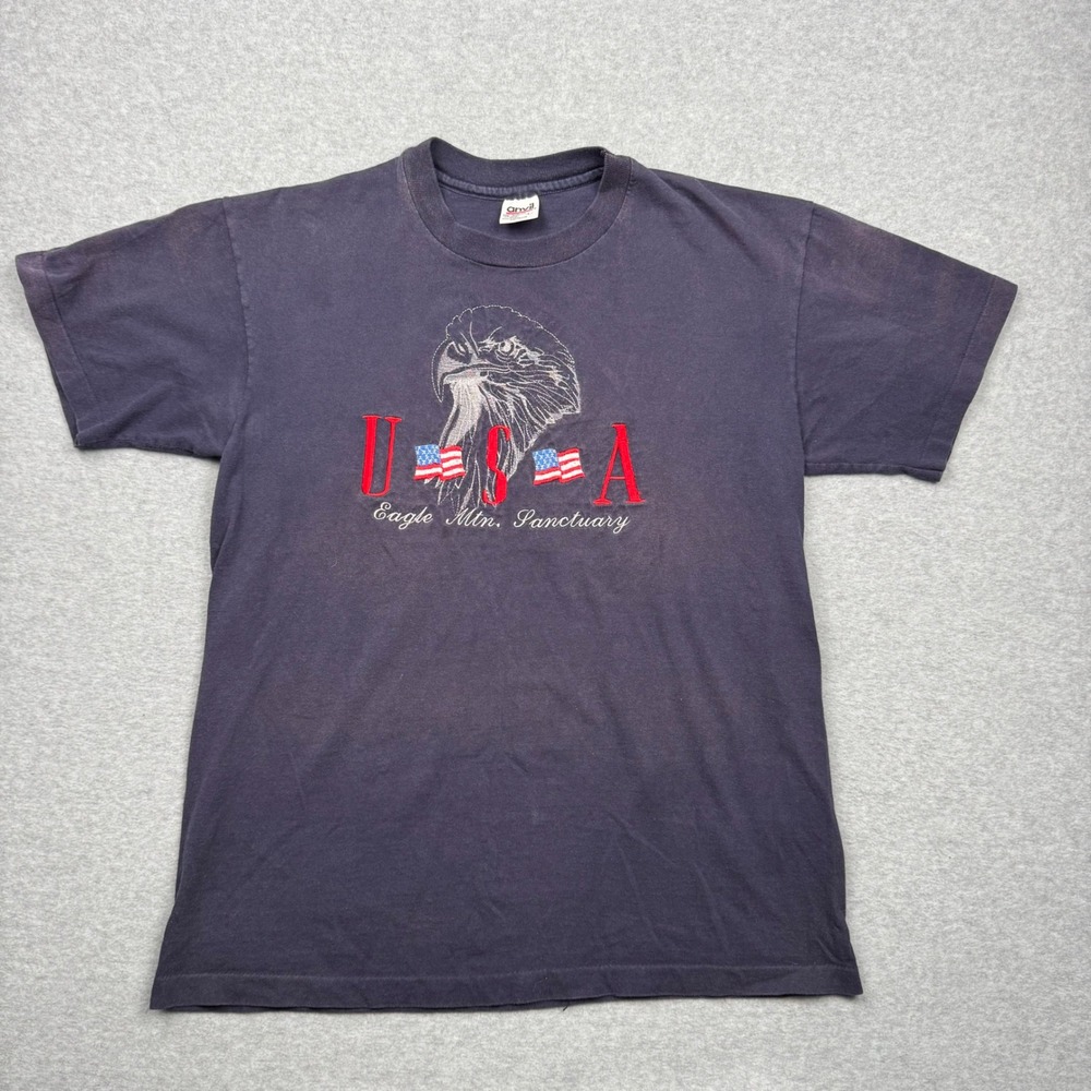 Vintage Anvil Eagle Mountain Sanctuary USA T-Shirt Navy Blue Embroidered Large